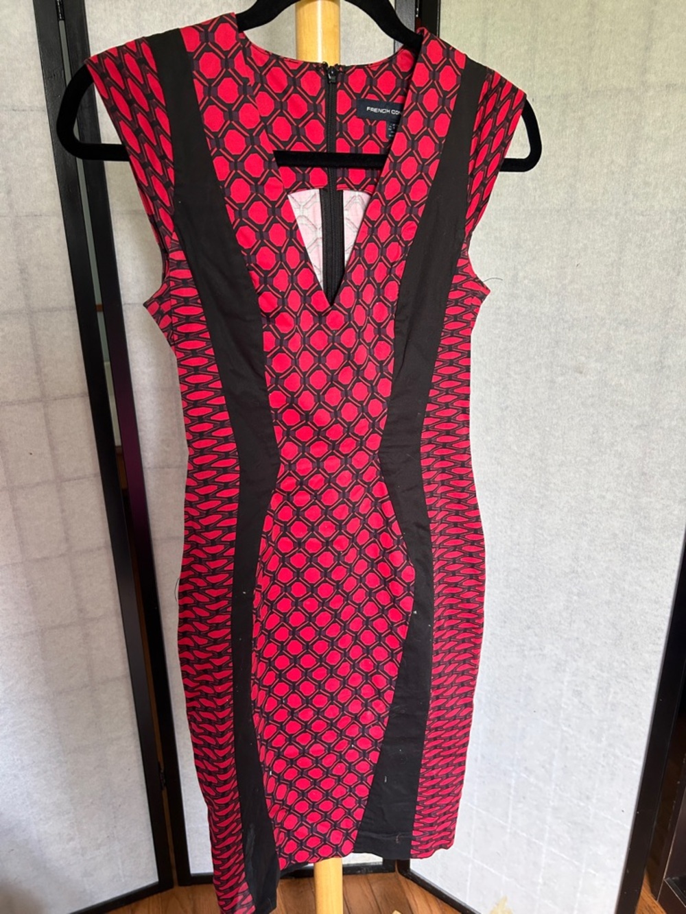 French Connection Red and Black Geometric Midi Sheath Dress